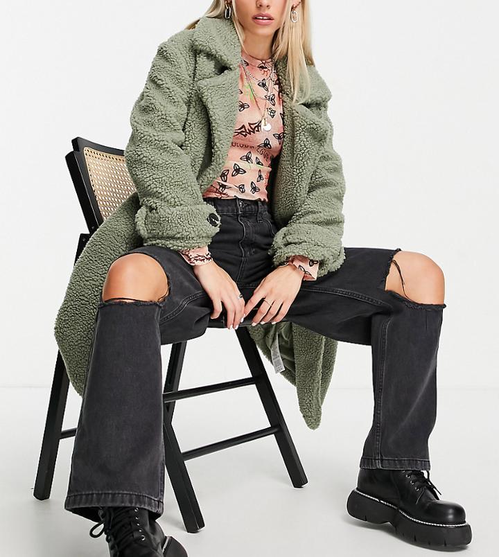Topshop Petite Ripped Baggy Jeans In Washed Black