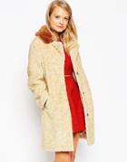 Asos Coat In Borg With Contrast Faux Fur Collar - Stone