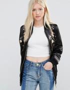 Brave Soul Black Embroidered Floral Bomber Jacket - Black