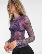 Weekday Polyester Blur Long Sleeve Mesh Top In Purple Snake Print - Lilac