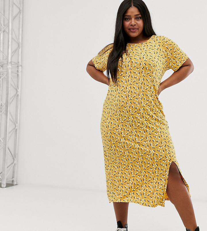 Daisy Street Plus Midi T-shirt Dress With Split In Mustard Ditsy Floral Print-yellow