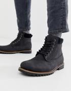 New Look Worker Boots With Fleece Lining In Black - Black