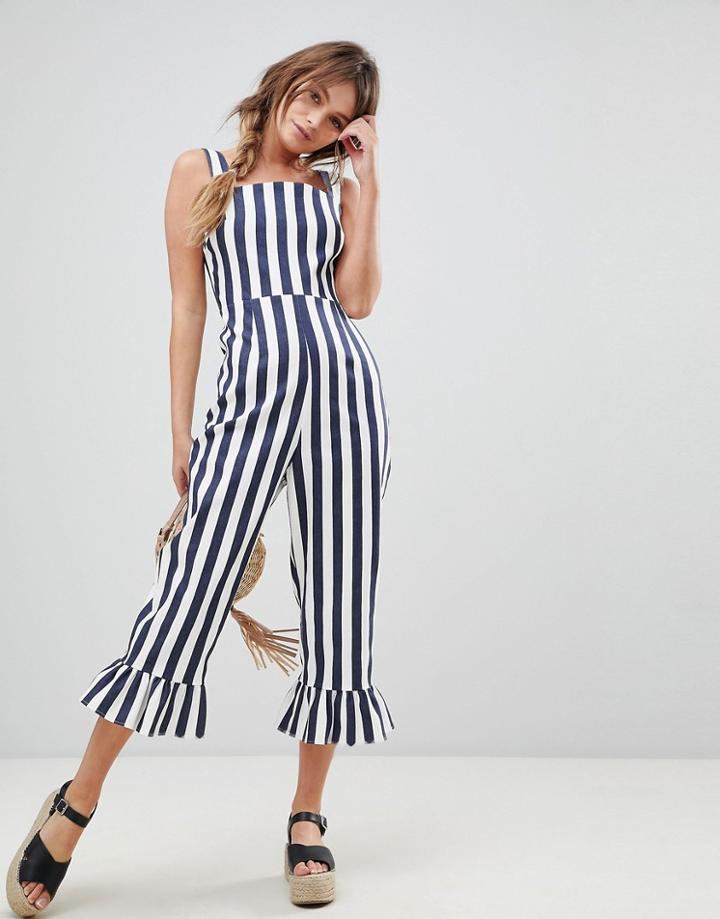 Asos Stripe Pinny Jumpsuit With Frill Hem - Multi
