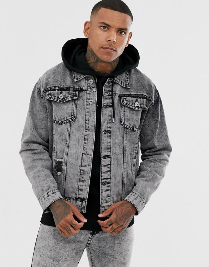 Liquor N Poker Denim Jacket In Bleached Acid Wash - Black