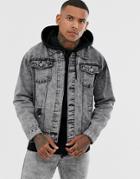 Liquor N Poker Denim Jacket In Bleached Acid Wash - Black
