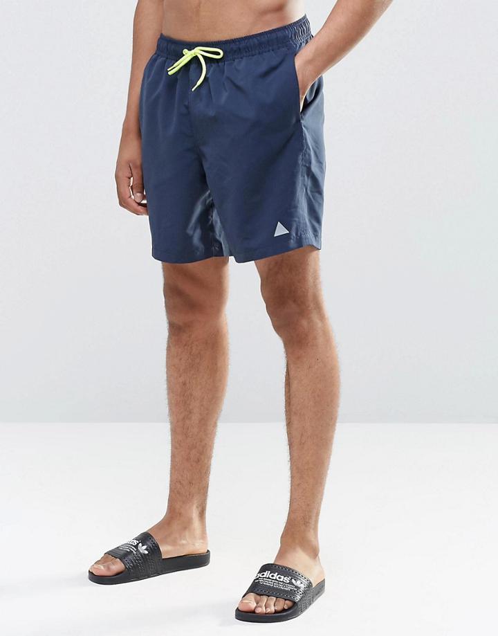Asos Mid Length Swim Shorts In Navy With Triangle Logo