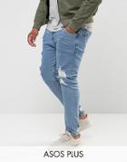 Asos Plus Skinny Jeans In Light Wash Blue Vintage With Heavy Rips And Repair - Blue