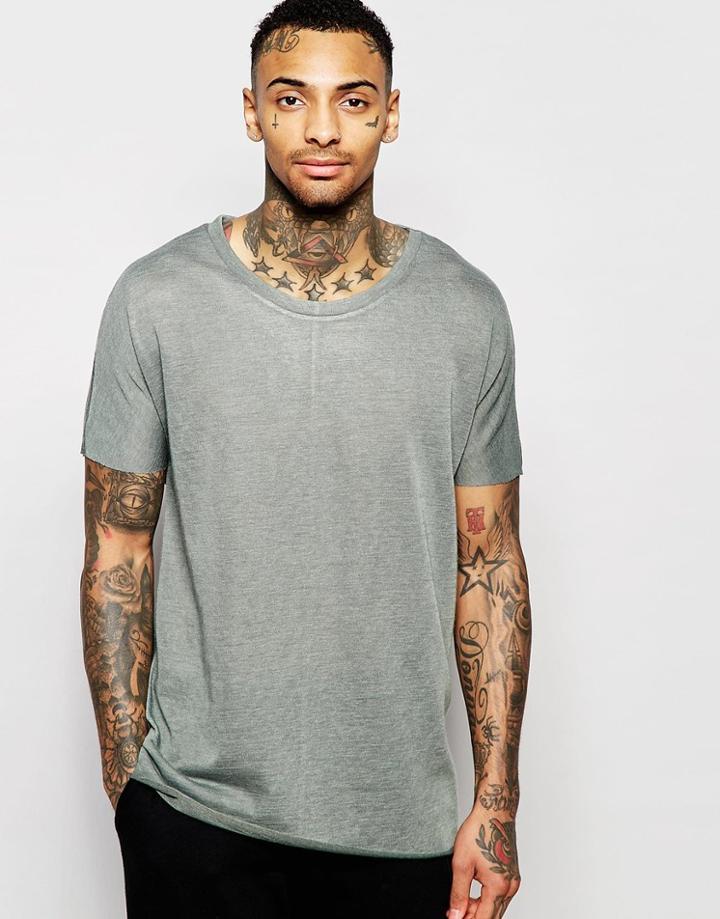 Asos Longline T-shirt In Linen Look With Scoop Neck In Green - Green