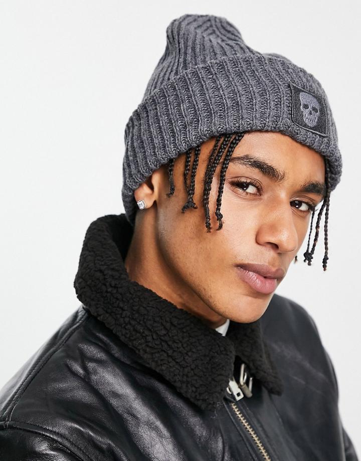 Bolongaro Trevor Ribbed Skull Logo Beanie In Charcoal-gray