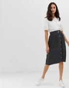Influence Button Front Midi Skirt In Polka Dot Print - Black