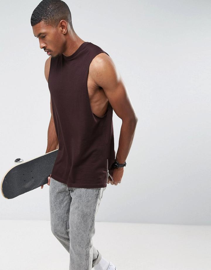 Asos Longline Tank With Dropped Armhole And Side Zips In Burgundy - Purple