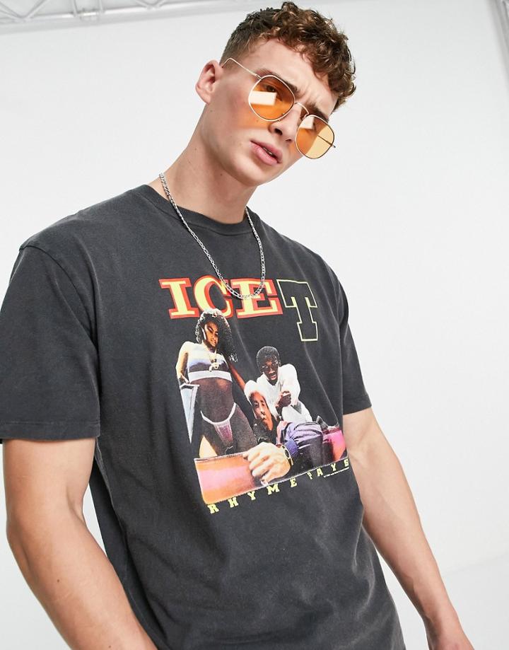 Topman Oversized T-shirt With Ice T Print In Washed Black
