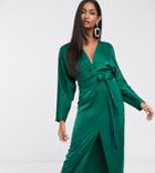 Asos Design Maxi Dress With Batwing Sleeve And Wrap Waist In Satin