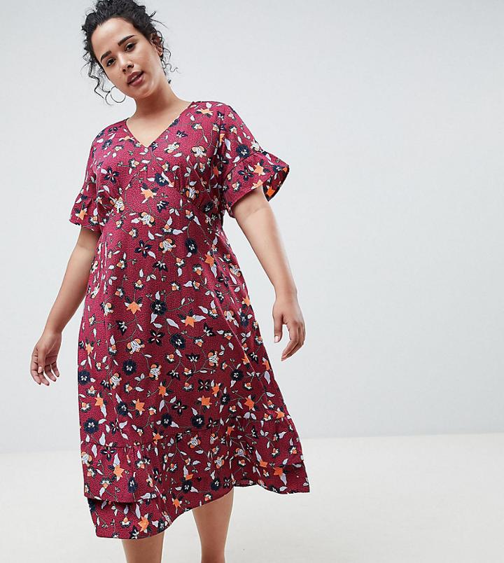 Junarose Ditsy Print Tea Dress In Burgundy-multi
