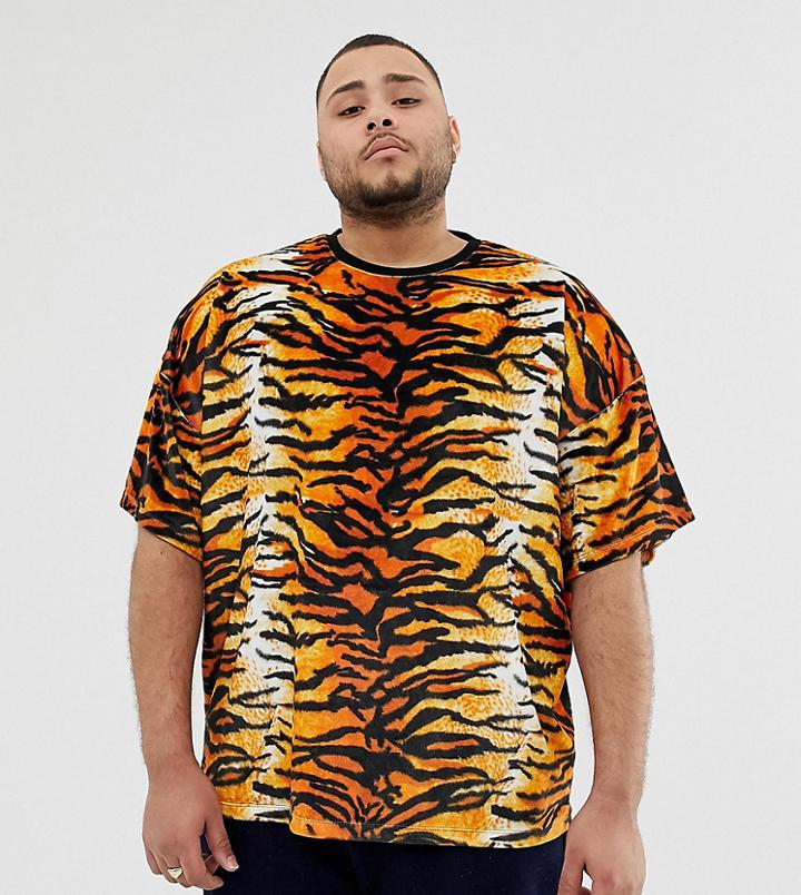 Asos Design Plus Oversized Velour T-shirt In Tiger Print - Black