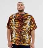 Asos Design Plus Oversized Velour T-shirt In Tiger Print - Black
