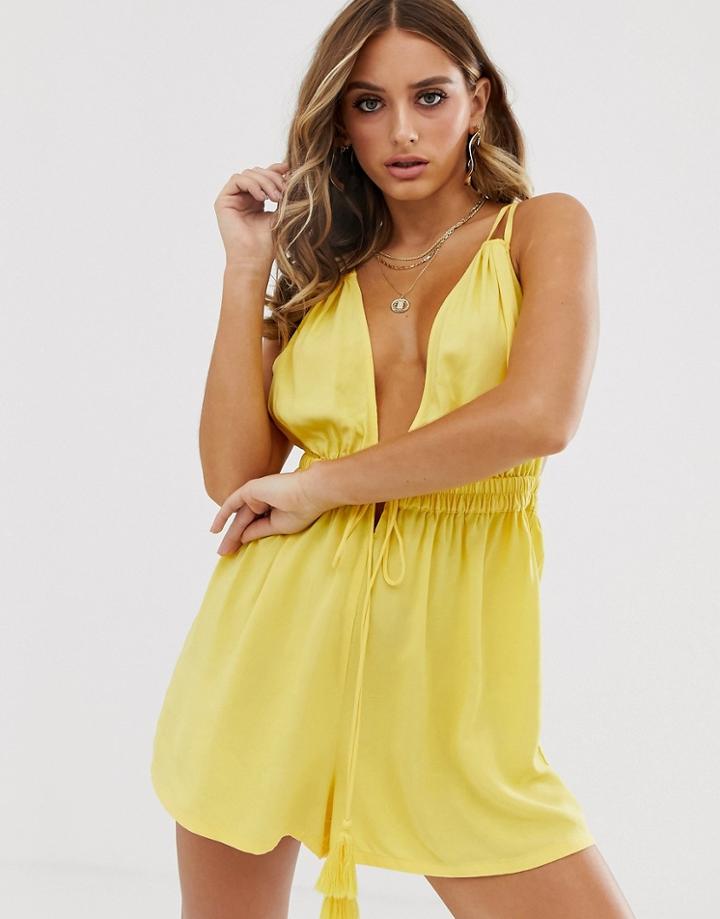 Asos Design Tie Waist Plunge Beach Romper In Yellow