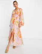 Asos Design Soft Shirred Waist Open Back Maxi Dress In Bright Floral Print-multi