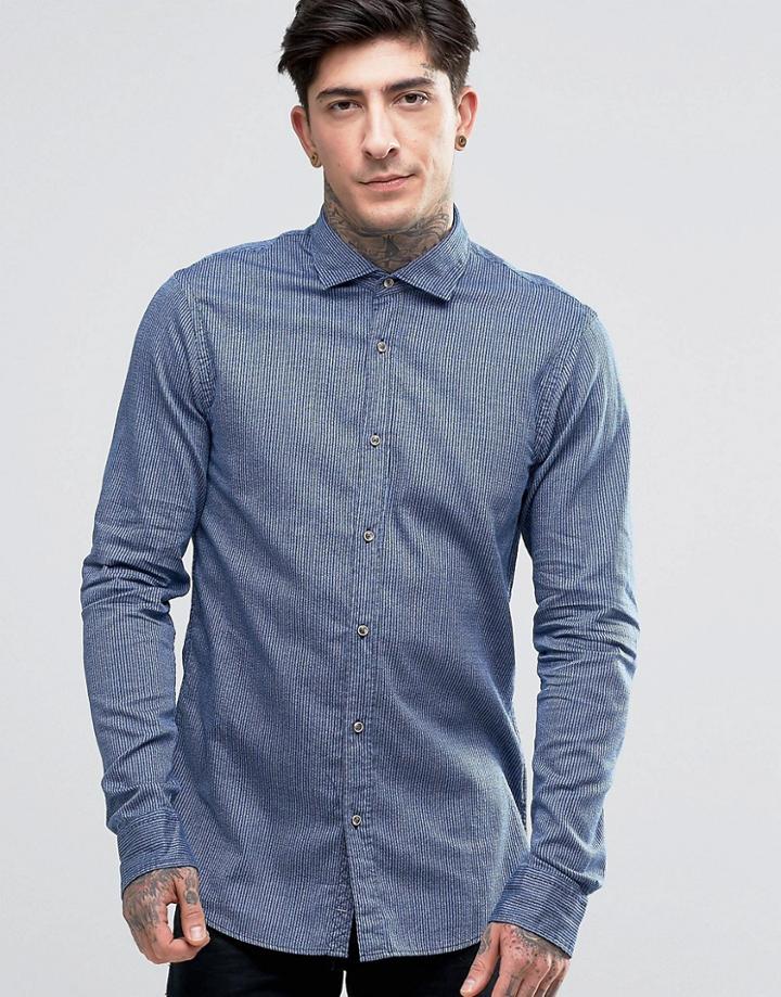 Scotch & Soda Shirt With Fine Stripe Cut Away Collar In Slim Fitin Navy Marl - Navy