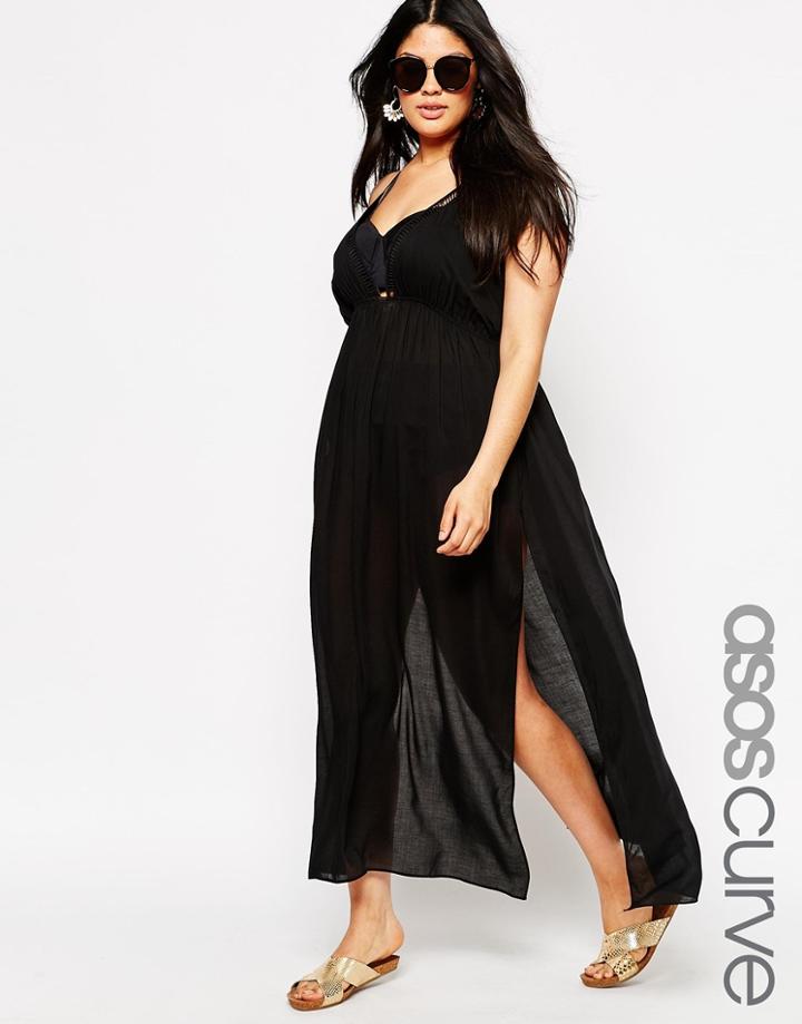 Asos Curve Lattice Trim V Neck Maxi Beach Dress - Black