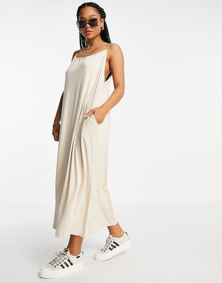 Asos Design Gathered Neck Strappy Midi Sundress With Pockets In Stone-white