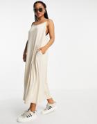 Asos Design Gathered Neck Strappy Midi Sundress With Pockets In Stone-white