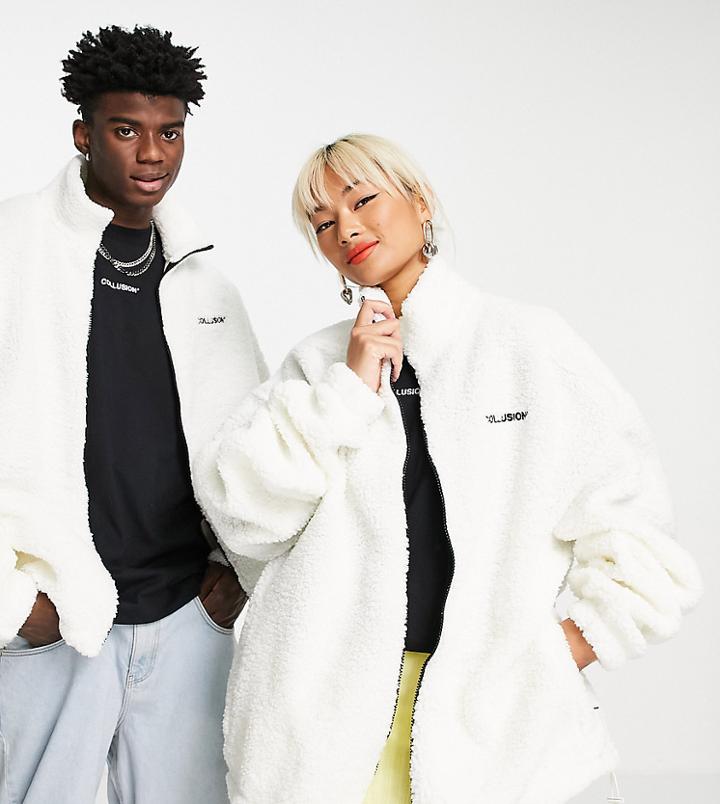 Collusion Unisex Zip-through Fleece Jacket In Ecru-white