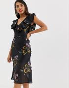 Talulah Lullaby Floral Ruffle Midi Dress - Black