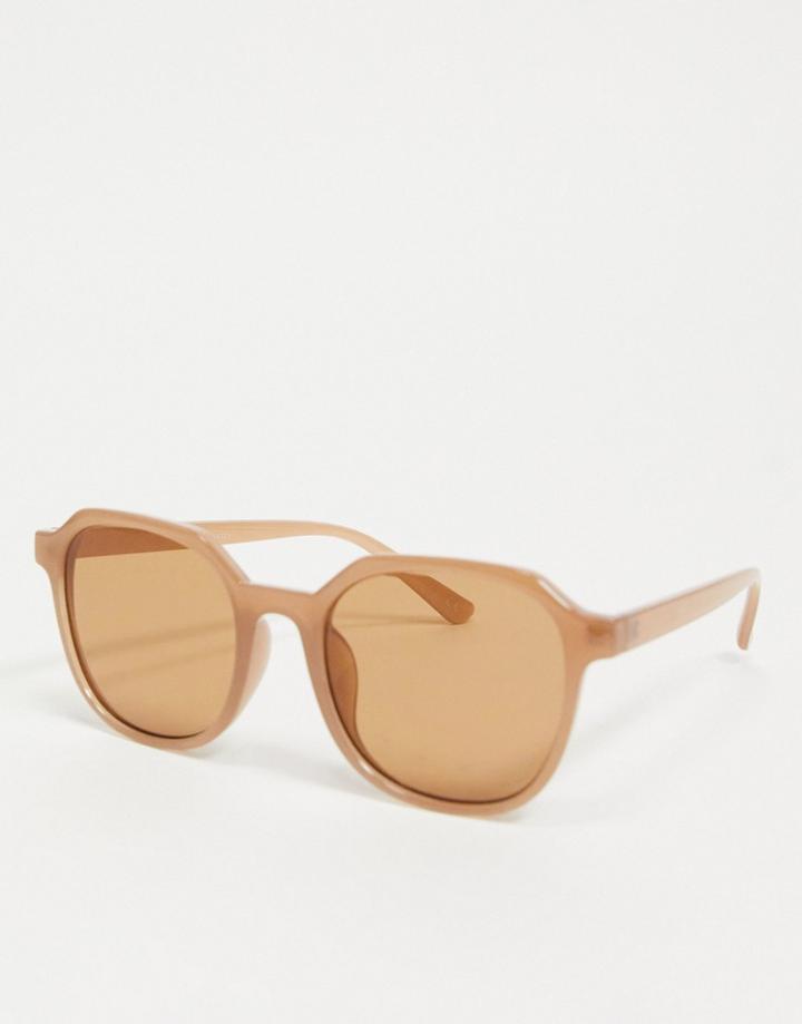 Asos Design Recycled Frame Hexagon Round Sunglasses In Milky Pale Brown