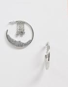 Asos Design Hoop Earrings With Crystal Moon And Star Strands In Silver Tone