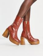Asos Design Romeo Leather Platform Boots In Tan-brown