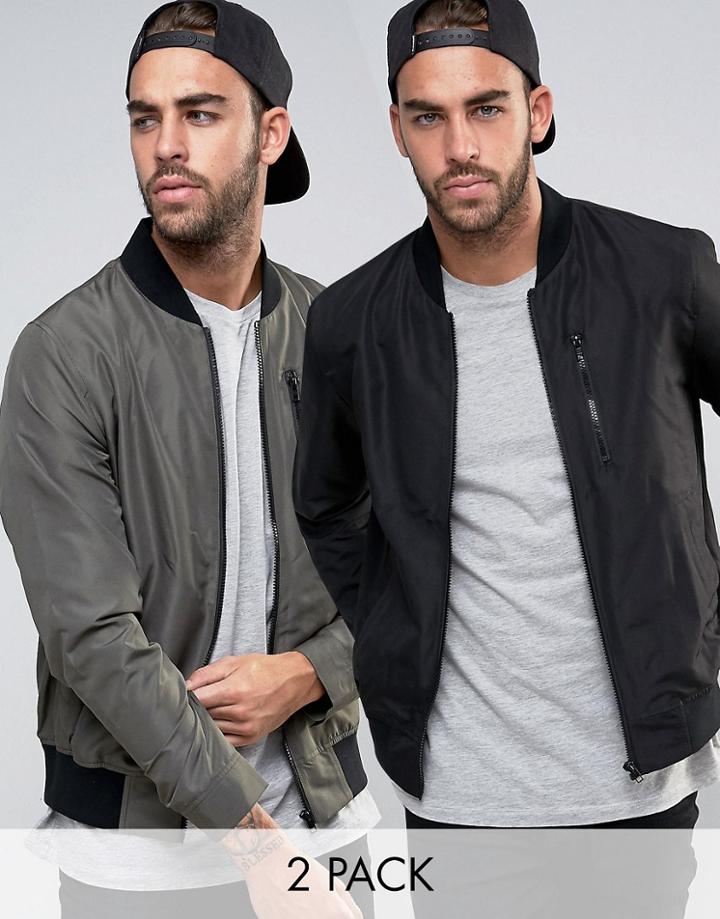 Asos 2 Pack Bomber Jacket With Zip In Black/khaki - Multi