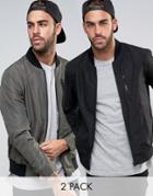 Asos 2 Pack Bomber Jacket With Zip In Black/khaki - Multi