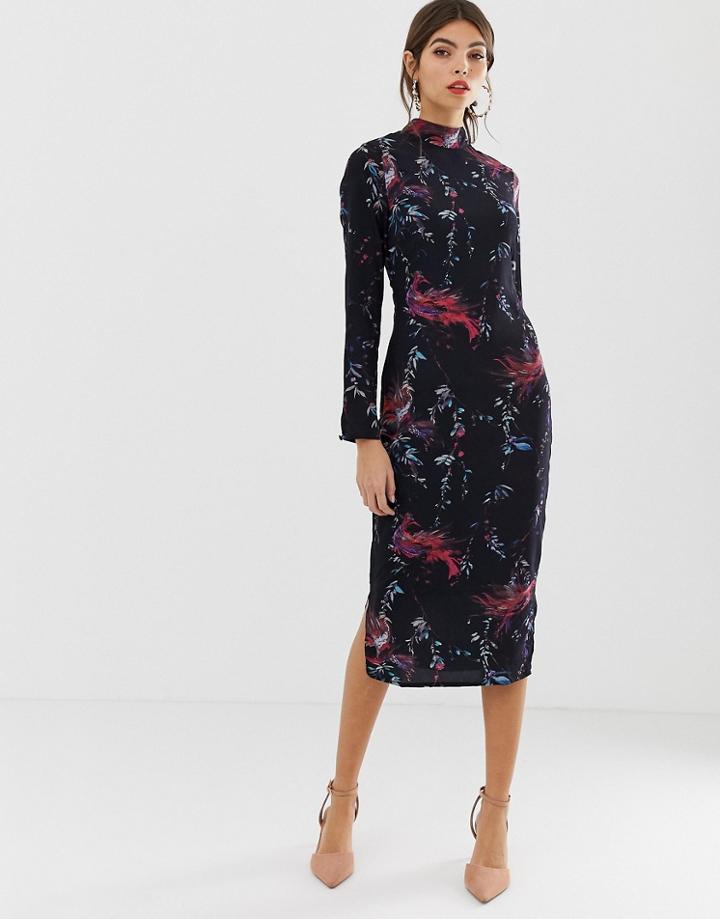 Hope & Ivy Bird Print Fitted Pencil Dress-navy