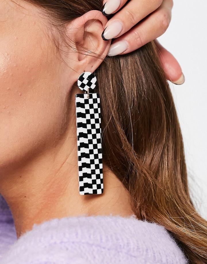 Monki Drop Checkerboard Earrings In Black And White-multi