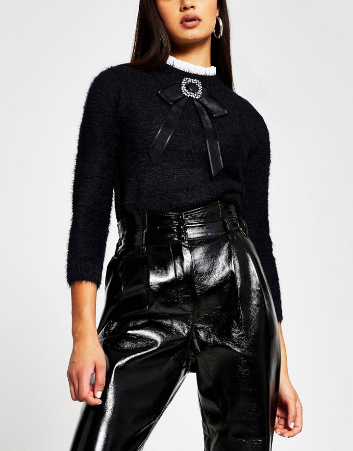 River Island Fluffy Knit Sweater In Black
