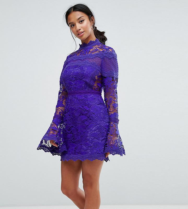 Asos Petite Lace Long Sleeve Mini Dress With Fluted Sleeves