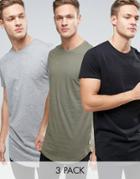 Jack & Jones Originals Longline Curved Hem T-shirt 3 Pack Save - Multi