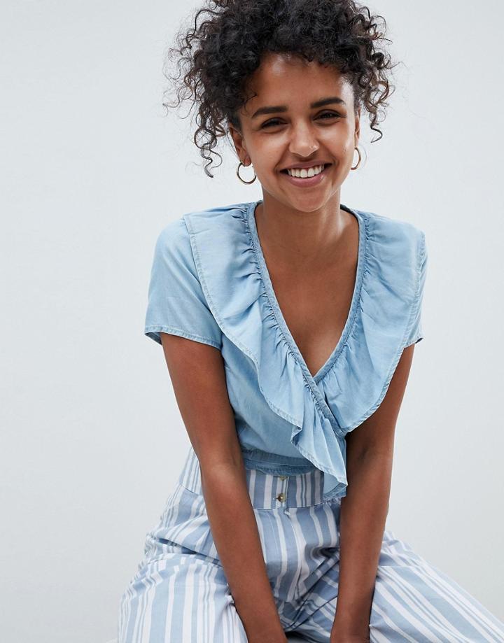 Asos Design Denim Wrap Top With Frill In-blue