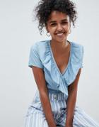 Asos Design Denim Wrap Top With Frill In-blue