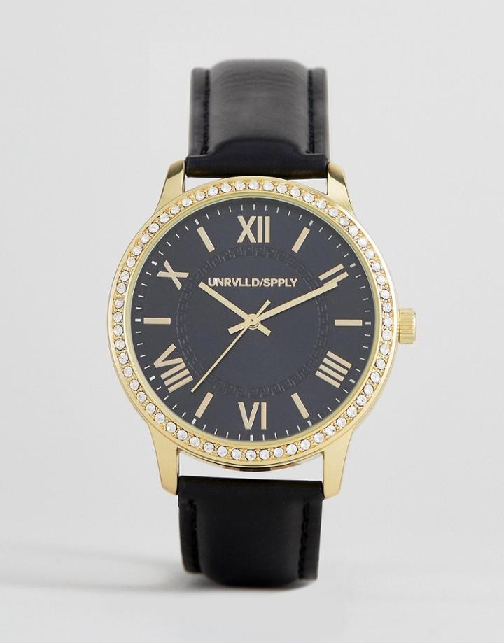 Asos Design Plus Watch In Black And Gold With Roman Numerals And Crystals - Black
