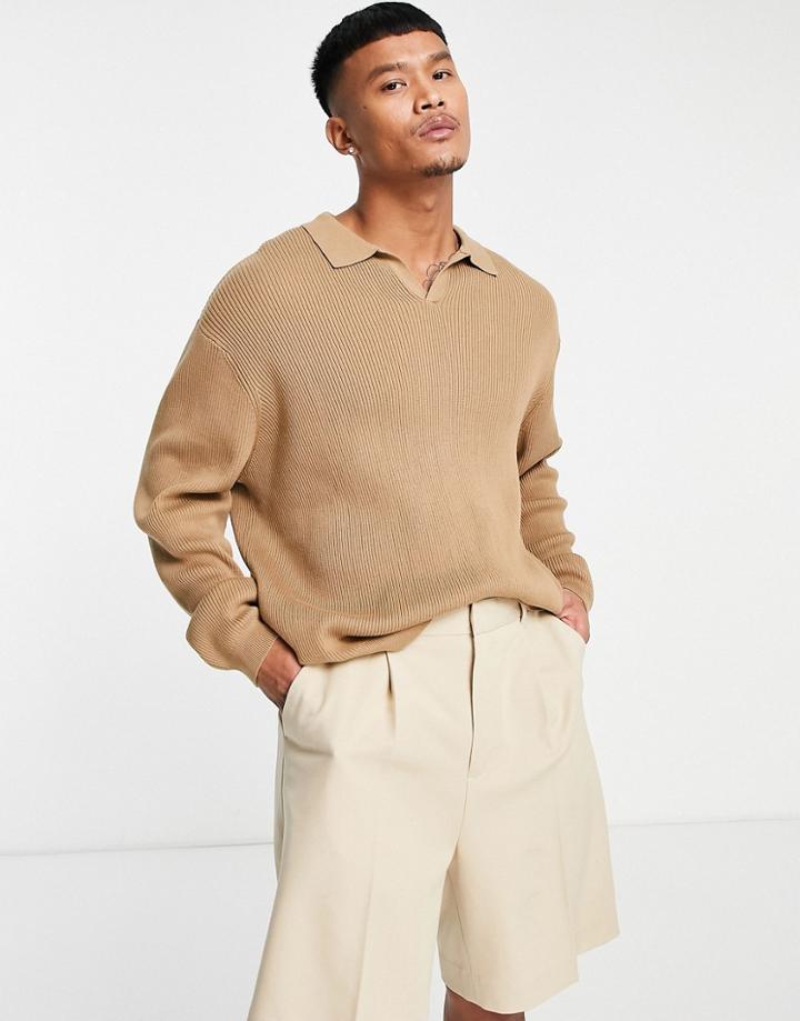 Asos Design Oversized Lightweight Ribbed Sweater With Notch Neck In Light Brown