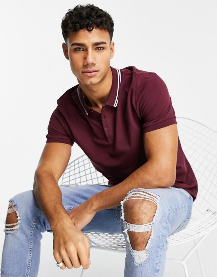 New Look Pique Tipped Polo In Burgundy-red