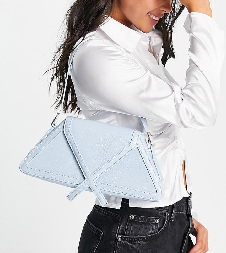 Glamorous Exclusive Angular Shoulder Bag In Pale Blue Croc