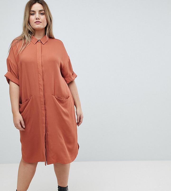 Asos Curve Exclusive Shirt Dress With Short Sleeves - Brown