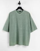 Asos Design Oversized T-shirt With Half Sleeve In Linen Look Fabric In Khaki-green