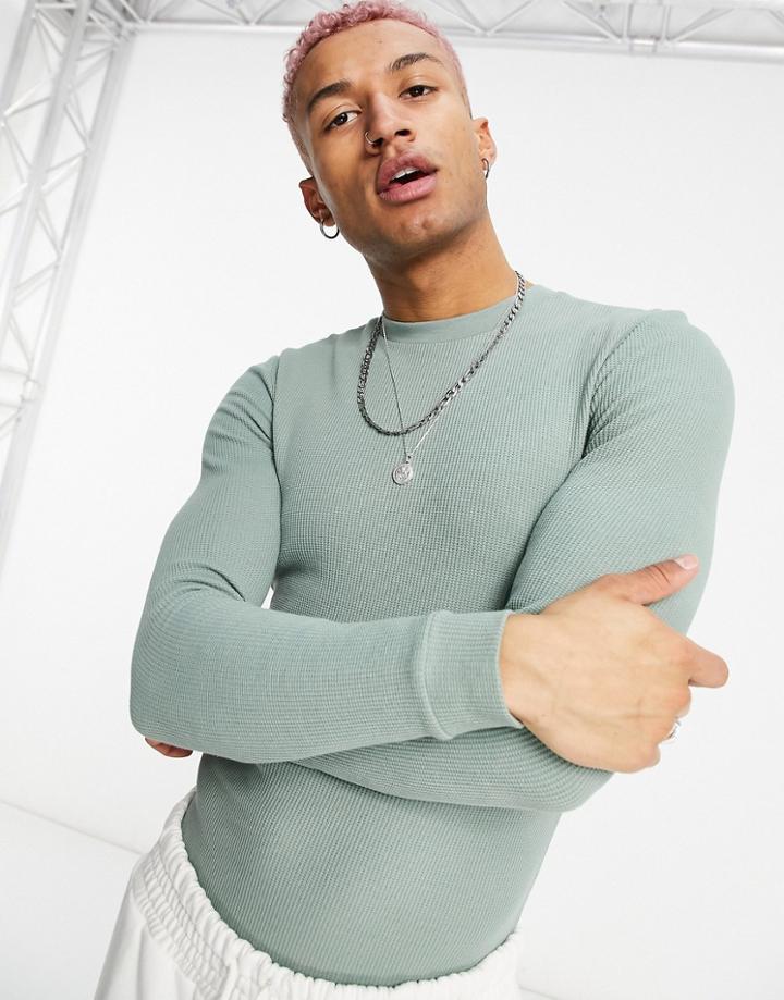 Asos Design Muscle Fit Long Sleeve Muscle Fit Waffle T-shirt In Green