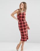 Qed London Overlay Midi Dress In Check - Red