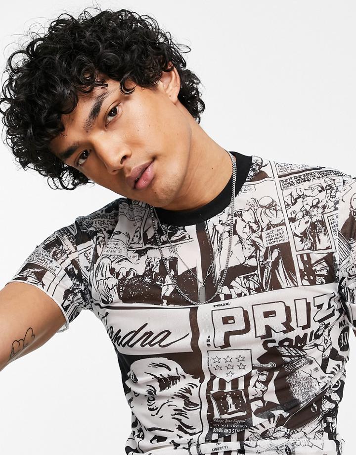 Asos Design Cropped Skinny T-shirt In Printed Mesh-black