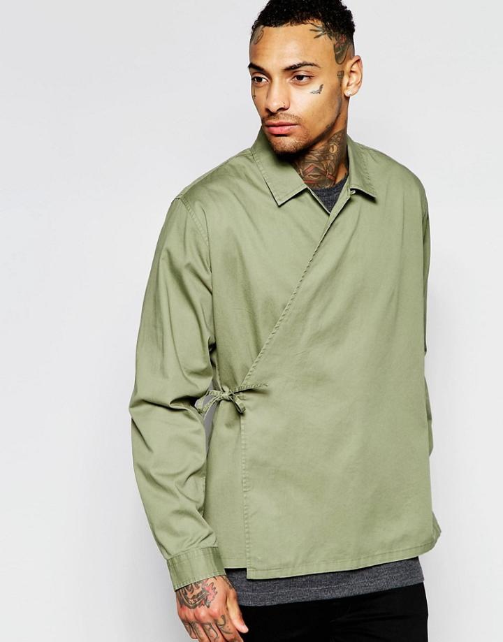 Asos Kimono With Revere Collar In Khaki - Khaki